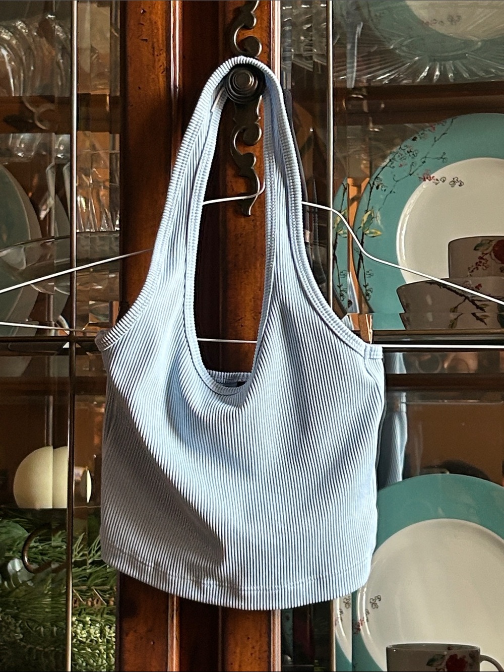 Light Blue Ribbed Shoulder Bag for Women - Casual Everyday Tote